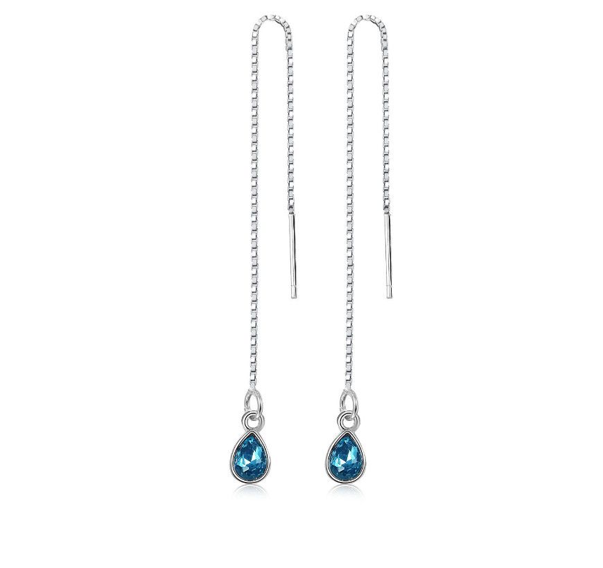 925 Silver Plated Waterdrop Blue CZ Threader Dangle Drop Chain Pull Earrings C9_voghion.com
