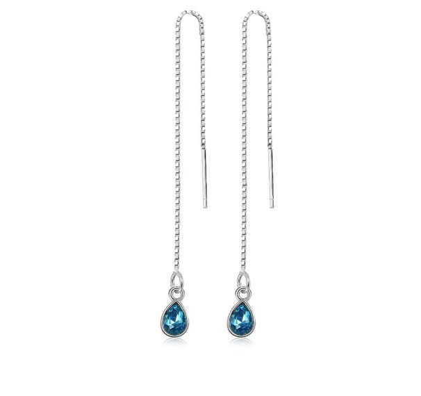 925 Silver Plated Waterdrop Blue CZ Threader Dangle Drop Chain Pull Earrings C9_voghion.com