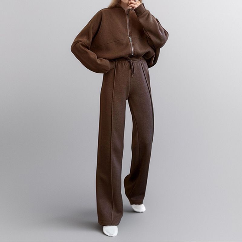 Women's fall suit temperament casual solid color loose lace-up hoodie sports suit_voghion.com