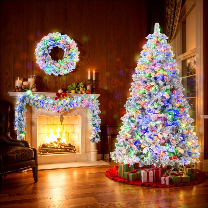 6FT Snow Flocked Christmas Tree, Pre-Lit Set With Tree & Garland & Wreath, Artificial Hinged Xmas Tree With Colorful LED Lights, 8 Lighting Modes, Pine Cones, Holiday Décor For Home_voghion.com