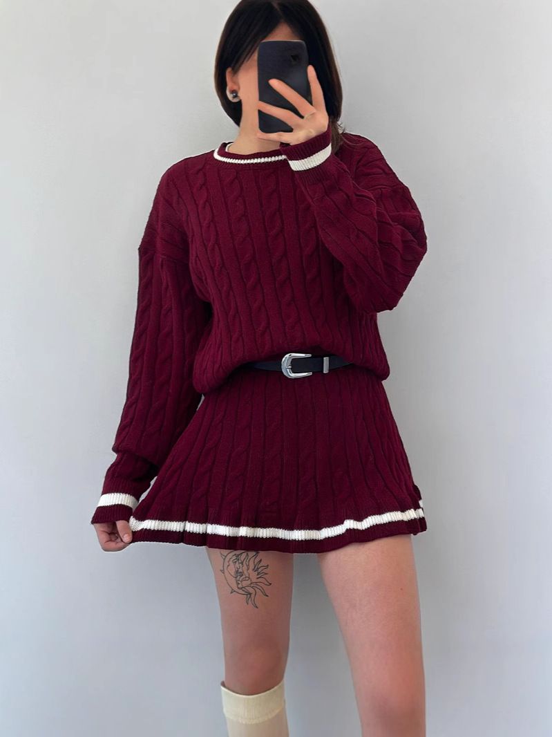 Completo da donna con maglione aderente in maglia a trecce e gonna in colori a contrasto (3 colori vivaci, adatto alle taglie forti)_voghion.com