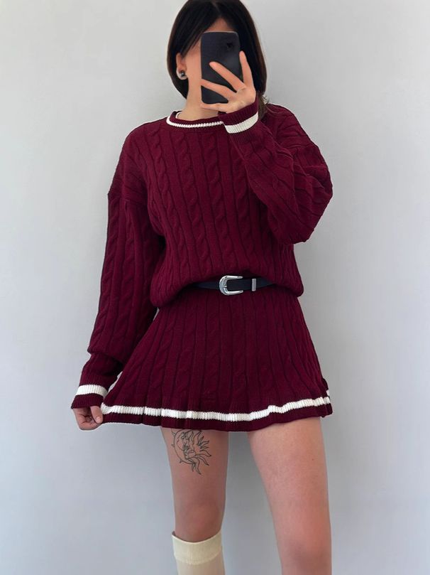 Completo da donna con maglione aderente in maglia a trecce e gonna in colori a contrasto (3 colori vivaci, adatto alle taglie forti)_voghion.com