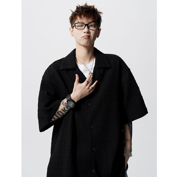 Herrenbekleidung Sommer Neue Herren Retro Textur Kubanischer Kragen Hemd Kurzarmhemd Eisseide Große Größe Trendy Tops Herren_voghion.com