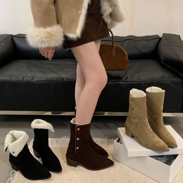 Bottes courtes bidirectionnelles en daim à talon court, style cowboy western_voghion.com