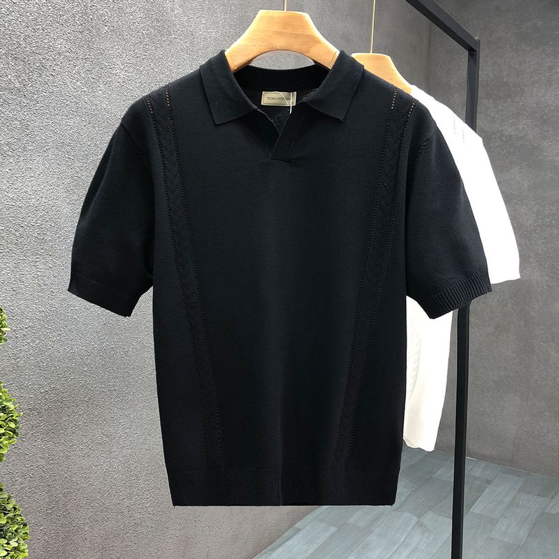 Pull léger à manches courtes et revers pour homme, vêtement d'été en maille fine à manches mi-longues, haut en soie glacée pour homme_voghion.com