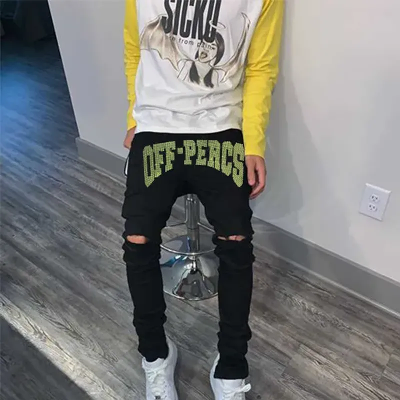 Jean Slim élastique déchiré pour hommes, 25 Styles, extensible, déchiré, motard, pantalon Punk de haute qualité, strass, Denim de rue_voghion.com