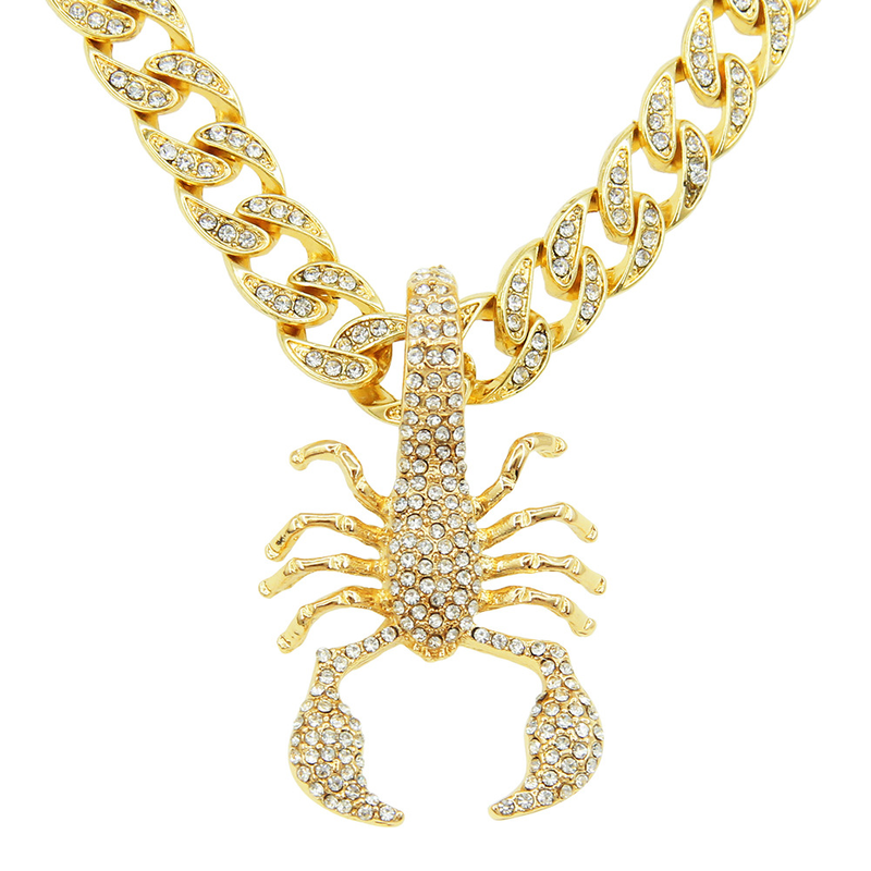 Collier pour hommes hip-hop en trois dimensions en forme de diamant en forme de scorpion, pendentif en forme de scorpion, vêtements de moto punk à la mode, collier à chaîne cubaine_voghion.com