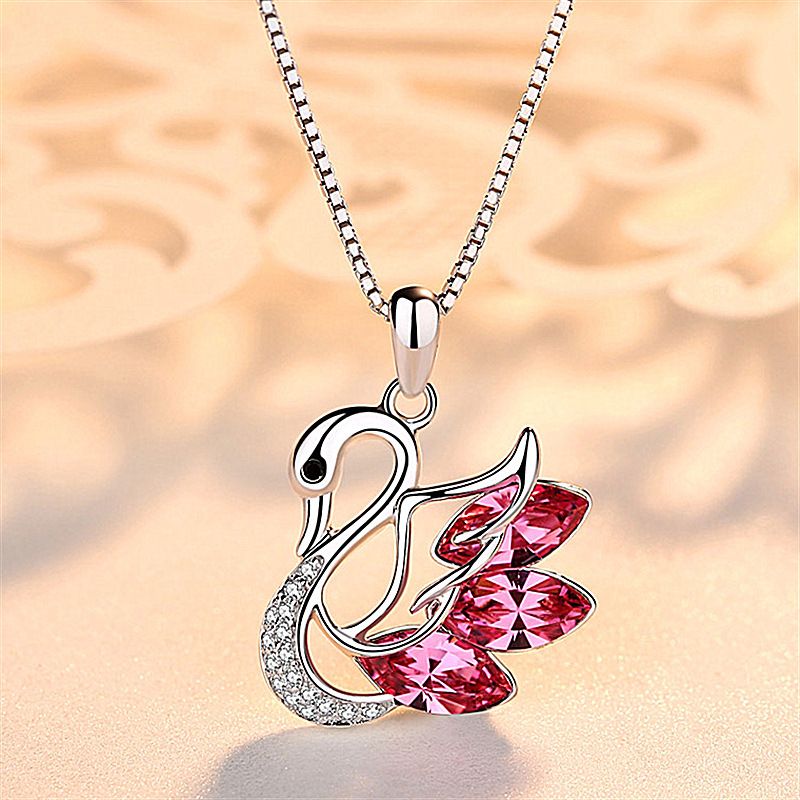 Collana con ciondolo a forma di cigno viola in cristallo per donna, gioielli alla moda, collana in argento sterling, accessori per ragazza, girocollo, donna_voghion.com