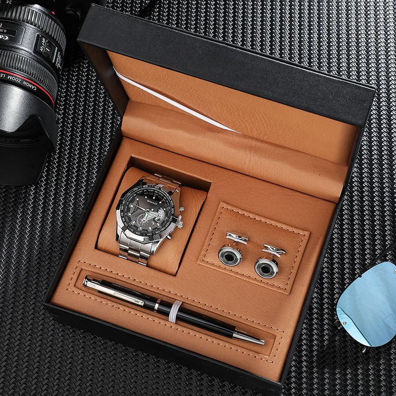 Watch Gift Set Fashion New Men's Watch Set Business Style Men's Cufflinks Pen Calendar Quartz Watch 3 Piece Set_voghion.com