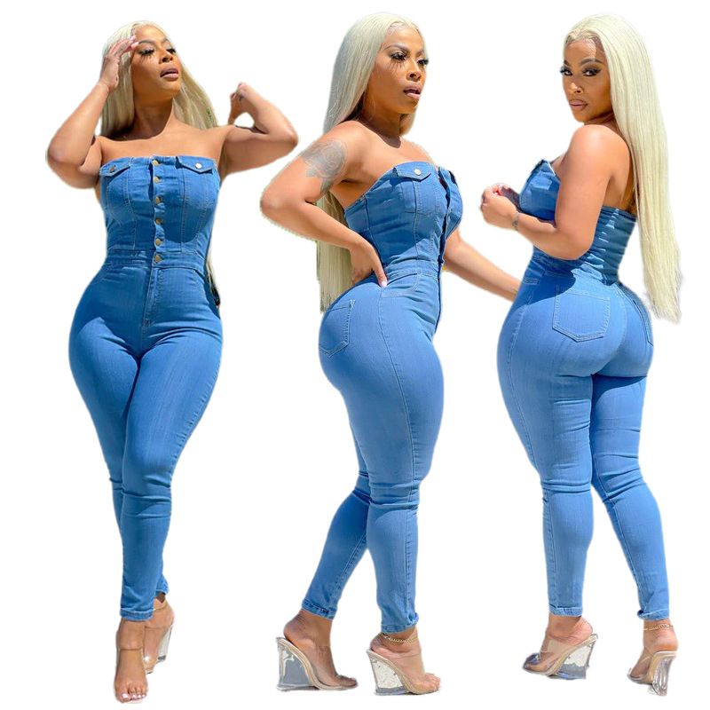 Vêtements pour femmes Nouveau style décontracté Mode Tube Top Combinaison en jean pour femmes_voghion.com