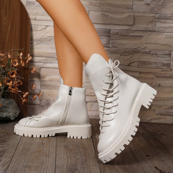 Women's Fashion Chunky Sole Martin Boots - Round Toe Lace-Up Ankle Boots With PU Leather Upper, Breathable & Lightweight For Spring & Autumn_voghion.com