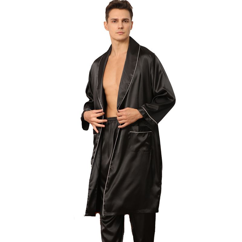 Cross-border European size bathrobe Men's silk robe trousers two-piece suit Summer thin long-sleeved pajamas T812_voghion.com