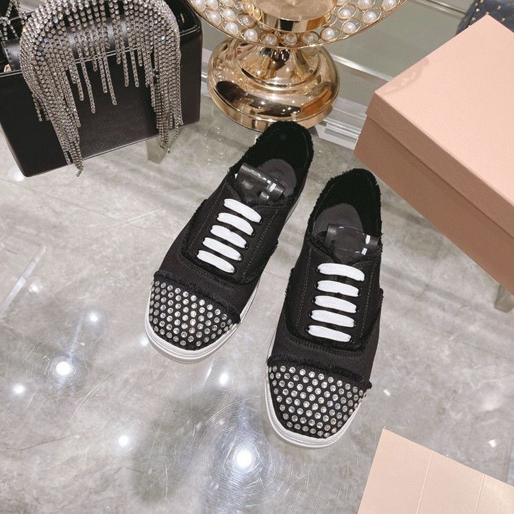 High End Quality 2022 Early Spring New Item Diamond Studded Low Cut Canvas Lace Up Women's Casual Board Shoes_voghion.com