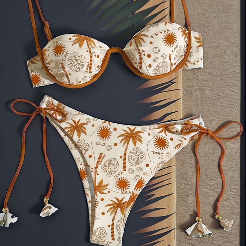 Costume da bagno da donna stampato con coulisse, arricciature ad anello in acciaio, con imbottiture per il petto e spalline integrate, per la spiaggia, bikini 2 pezzi_voghion.com