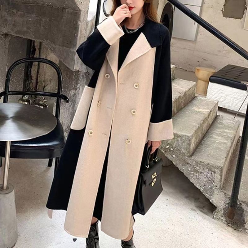 Langer Damenmantel aus Wollmischung – Slim-Fit-Zweireihermantel im Trenchcoat-Stil mit Reverskragen​_voghion.com