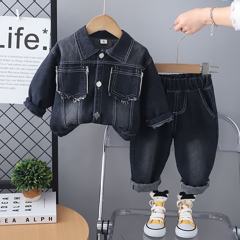 2025 Frühling und Herbst Kinderkleidung Koreanische Ausgabe Tasche Lässig Farbe Blockiert Cowboy Langarm Zweiteiler_voghion.com