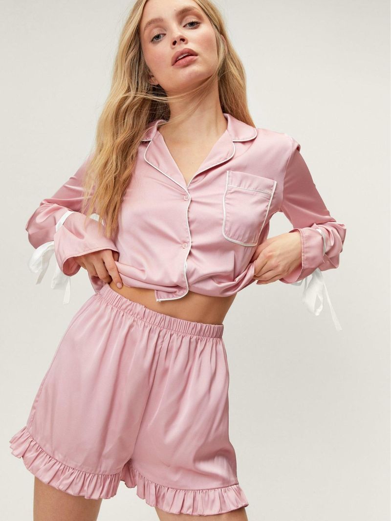 Women's Satin Notch Collar Long Sleeve Pajama Set - Comfortable Lounge Wear For Home & Outings_voghion.com