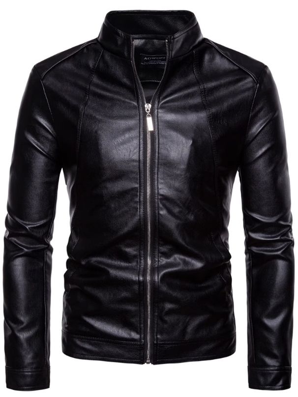 Men'S Casual Jacket With Stand-Up Collar Zipper Closure - Softshell Synthetic, Regular Fit, Solid Black, Spring & Autumn_voghion.com