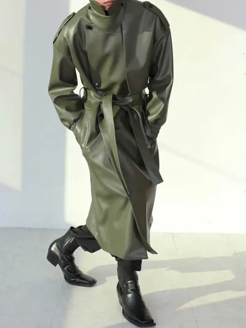 Men's Mauroicardi Spring Autumn Long Oversized ArmyGreen Black Faux Leather Trench Coat Men Sashes Loose Designer_voghion.com