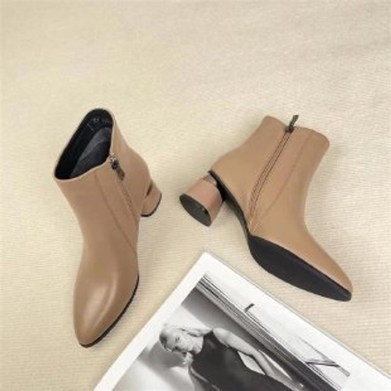 Vinter spetsiga högklackade korta stövlar Mjukt läder Damer med grov klack Martin Boots Vår och höst Enkelkängor Medelhäl Mjuka läderskor_voghion.com