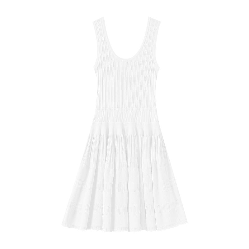 Robe en tricot plissée sans manches pour femme, style petit parfum, col en U, bretelles, taille fine_voghion.com