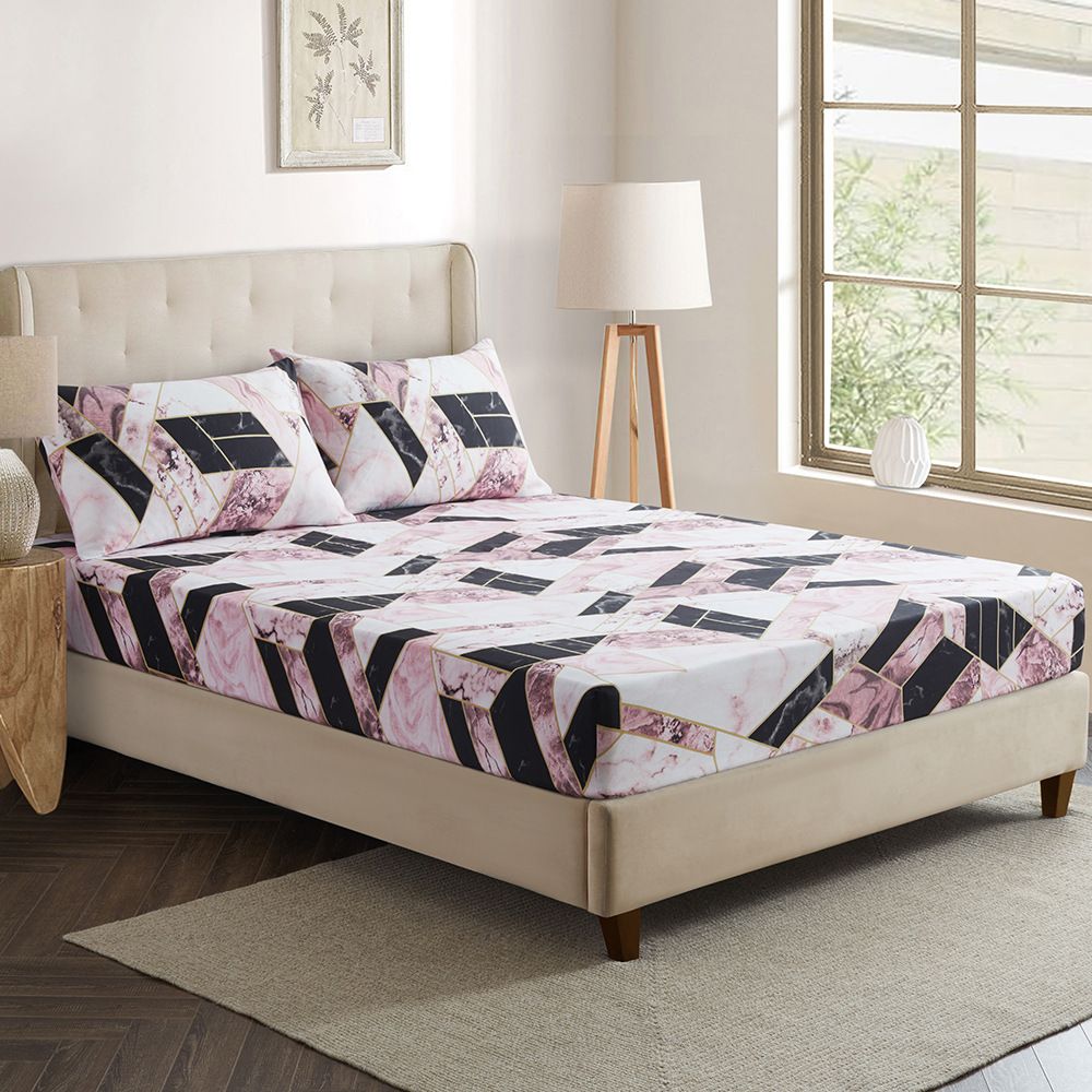 Spannbettlaken mit geometrischem 3D-Druck in Rosa und Schwarz mit Marmormuster – Bettbezug aus Polyester mit modernem Design, knitterfrei und atmungsaktiv_voghion.com