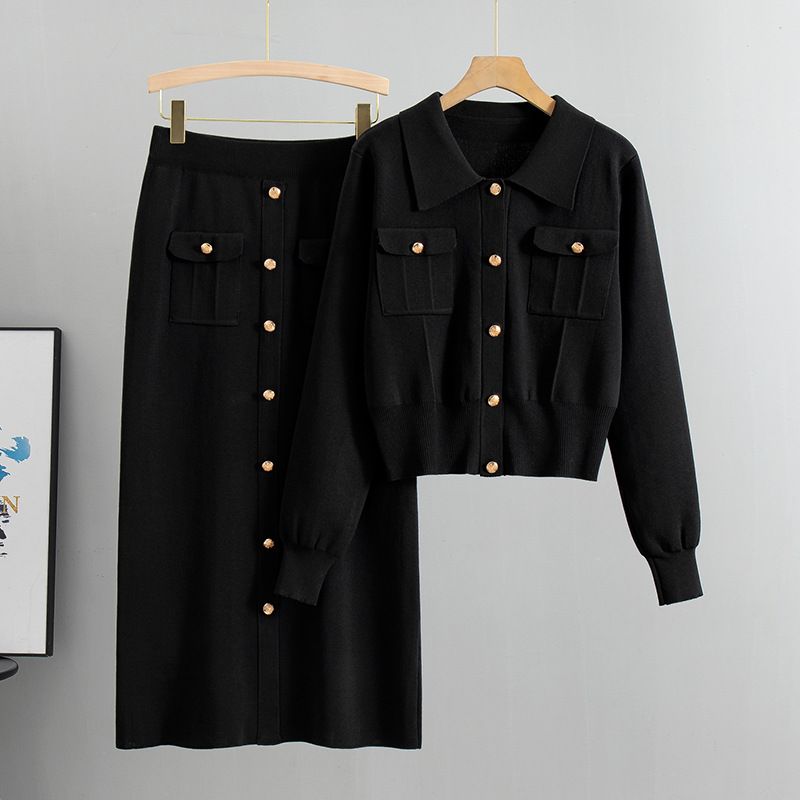 K Fashion V-neck Cardigan Sweater For Women; Knit Slim Fit Skirt Two Piece Set._voghion.com