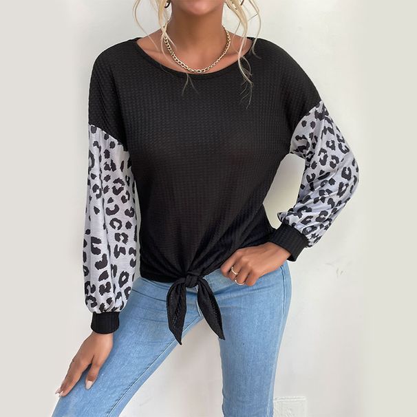 Black Round Neck Lng Sleeve Patchwork Leopard Print Sweater Pullover_voghion.com