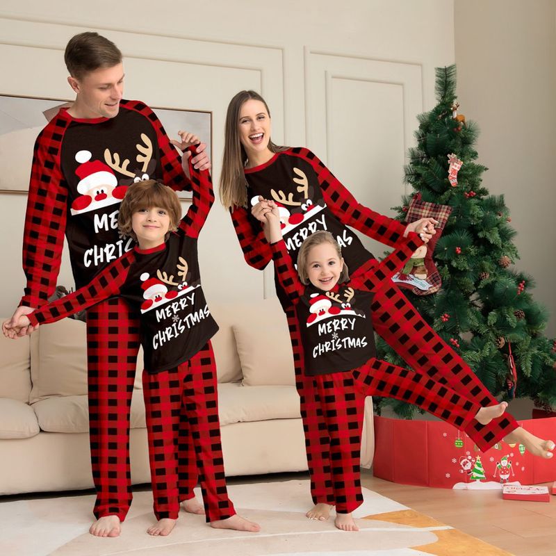 Costume de noël parent-enfant avec lettres imprimées, pyjama à carreaux, vêtements de maison, nouvelle collection d'automne_voghion.com