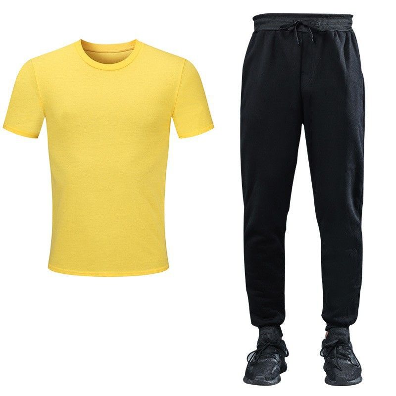 Ensemble t-shirt et pantalon en coton fin pour homme, survêtement décontracté à col rond et manches courtes de couleur unie_voghion.com