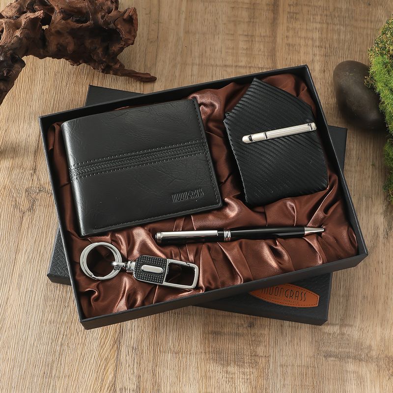 Men's Business Wallet Tie Ballpoint Pen + Keychain 4pcs/set Gift Box Set_voghion.com