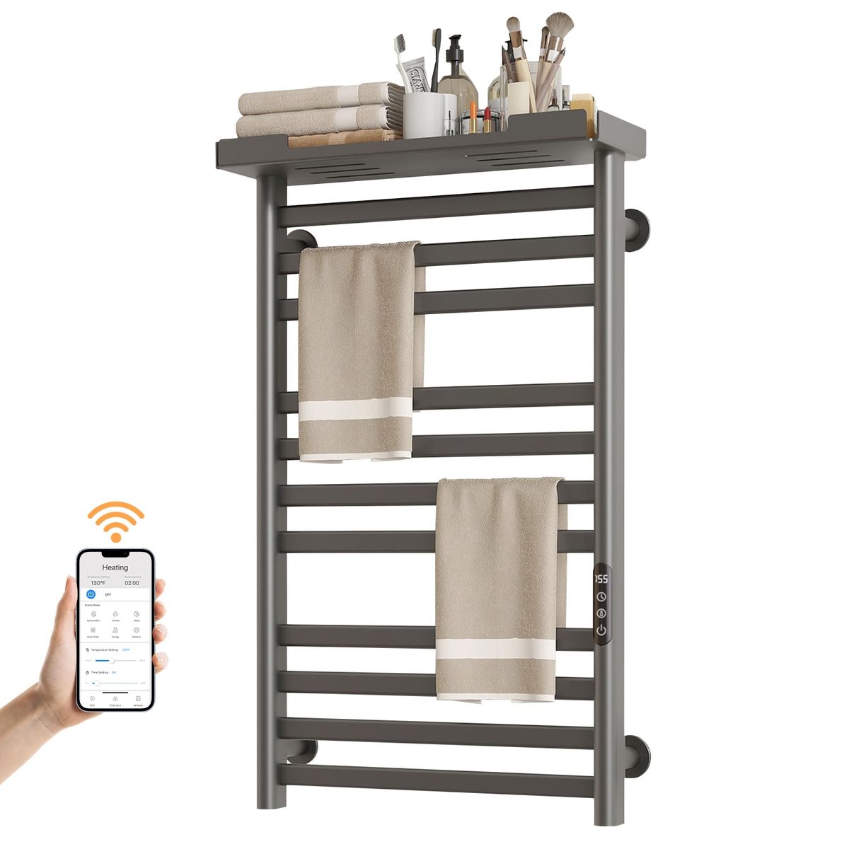 SIOYIE Heated Towel Rack With Shelf And Wi-Fi App Control, 11 Bars Electric Wall Mounted Towel Warmer With Timer & Adjustable Temperature, Low Carbon Steel, Plug-in/Hardwired, Gray_voghion.com