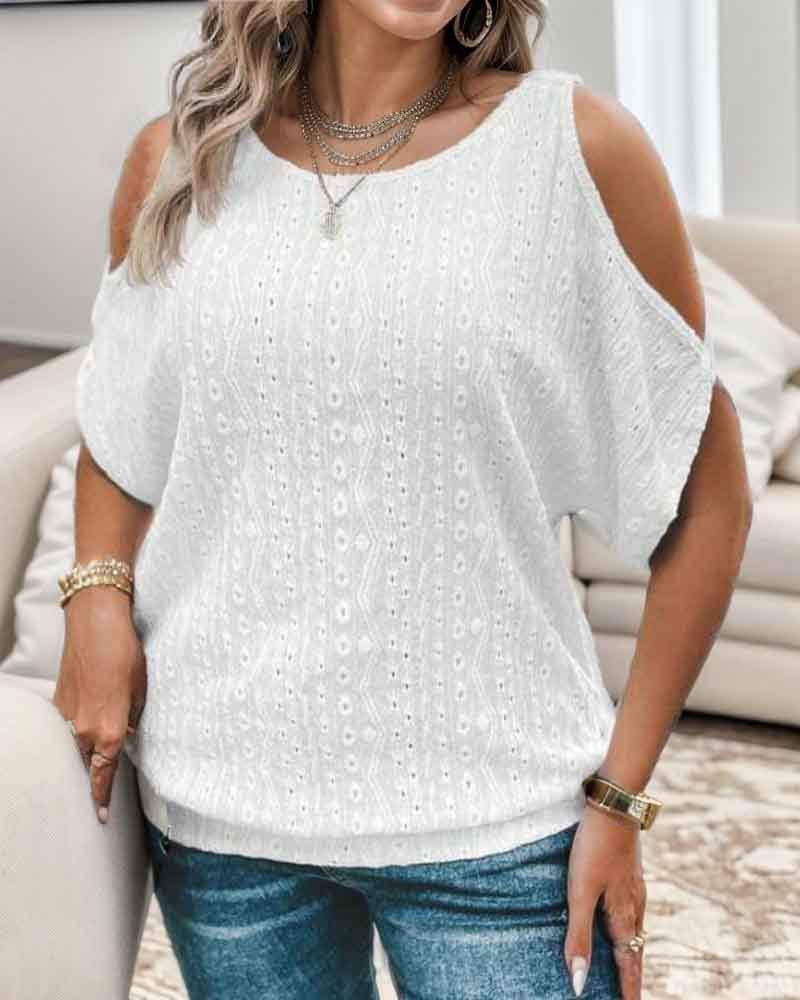 Women's solid color off-shoulder hollow T-shirt top_voghion.com
