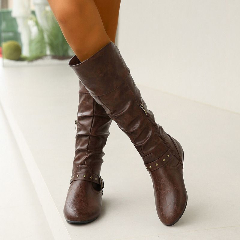 Retro pleated autumn and winter women's fashion boots sleeve belt buckle women's long boots  round toe flat heel women's boots_voghion.com