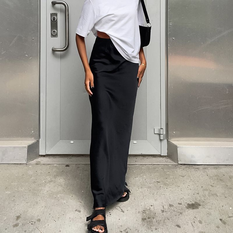 Women's Imitation Acetate Satin Black Skirt Women's Satin Draped Fishtail Skirt Long Skirt_voghion.com