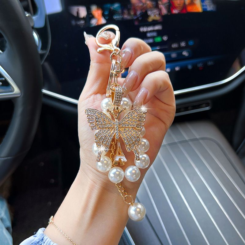 New Pearl String Alloy Butterfly Car Keychain Bag Korean Version Exquisite Decorative Pendant For Women_voghion.com