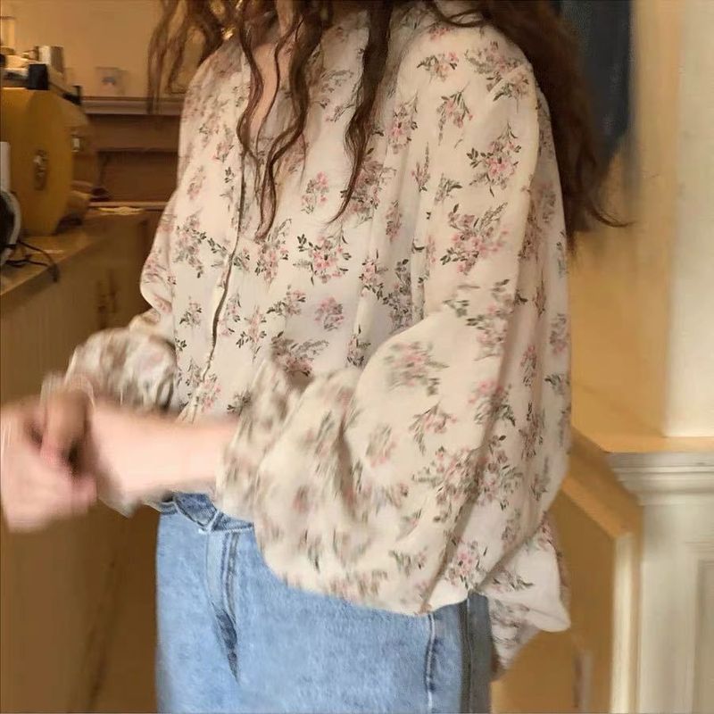 Camicia estiva da donna con motivo floreale fresco per ragazze 2024, scollo a V minimalista, maniche a tromba, top clavicola_voghion.com