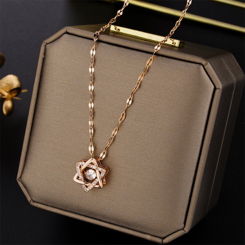 Modischer und dynamischer Hexagramm-Set-Zirkon-Anhänger für Mädchen, Modeschmuck, neuer rosévergoldeter Titanstahl_voghion.com