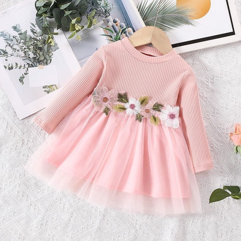 Höst Ny Lila Klänning För Baby Flicka Blommig Broderad Långärmad Gazeklänning_voghion.com