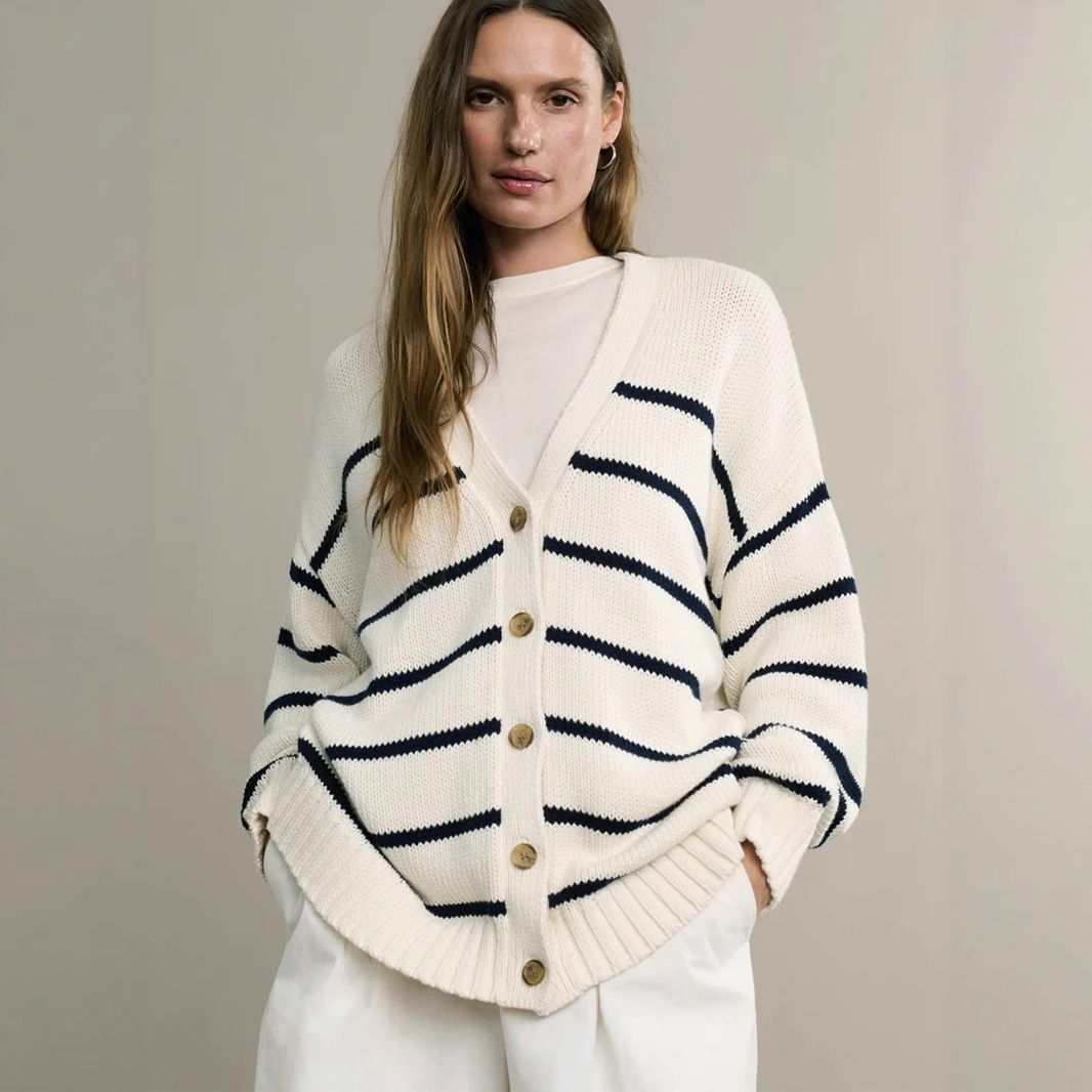 Damen-Strickjacke mit Streifen, V-Ausschnitt, Baumwollmischung, lockere Passform, lange Ärmel, lässiger Pullover mit offener Vorderseite_voghion.com