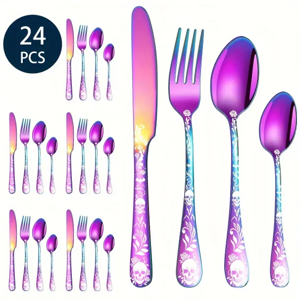 Gothic Besteckset - Skelett-Rosen-Design, 24-teilig_voghion.com