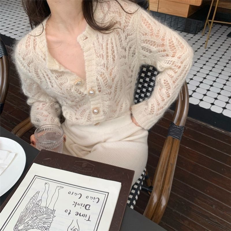 Französischer Mohair-Strickpullover mit frühem Hohlmuster, dünn, Sonnenschutzoberteil für Damen_voghion.com