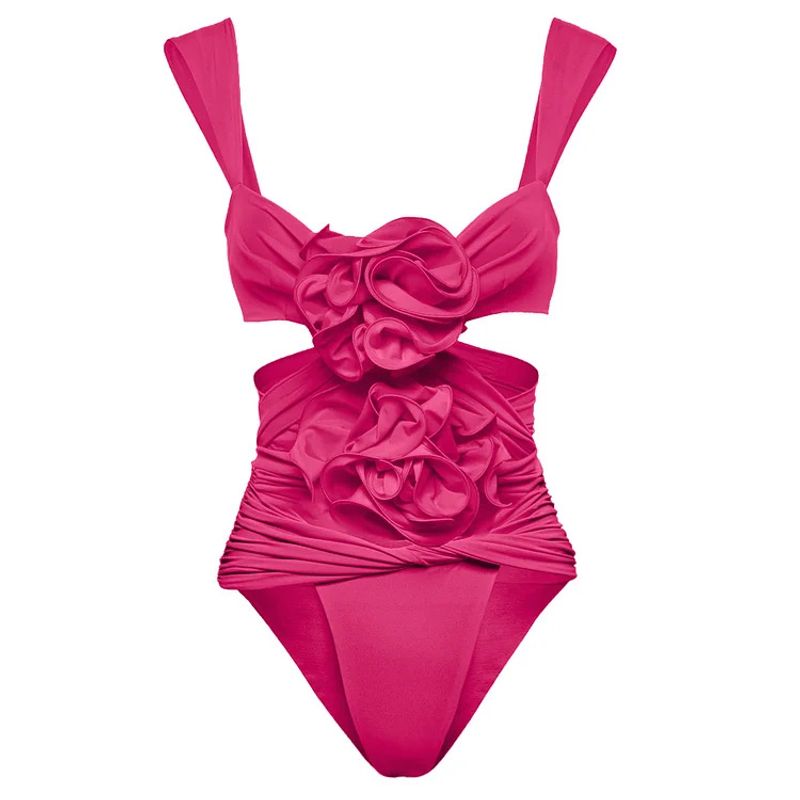 Women's three-dimensional flower decoration, long-sleeved tube top, solid color one-piece swimsuit suit_voghion.com