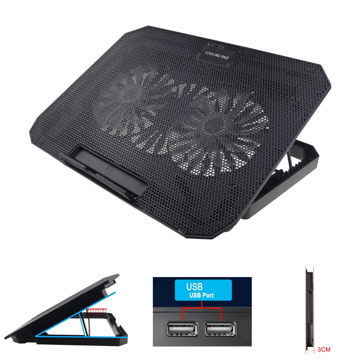 Laptop Cooling Pad With Adjustable Height Two 5.1 Inches Fan 2 USB Ports Suitable For 12-15.6inch Laptops_voghion.com