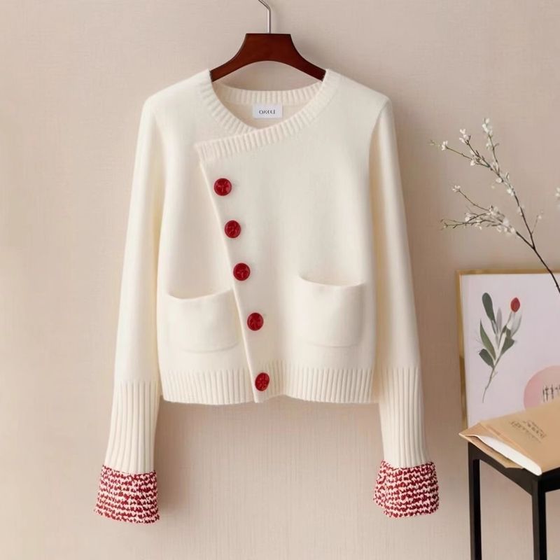 Women's Clothing White Sweater Temperament High End Autumn Design Contrast Color Oblique Button Knitted Top_voghion.com