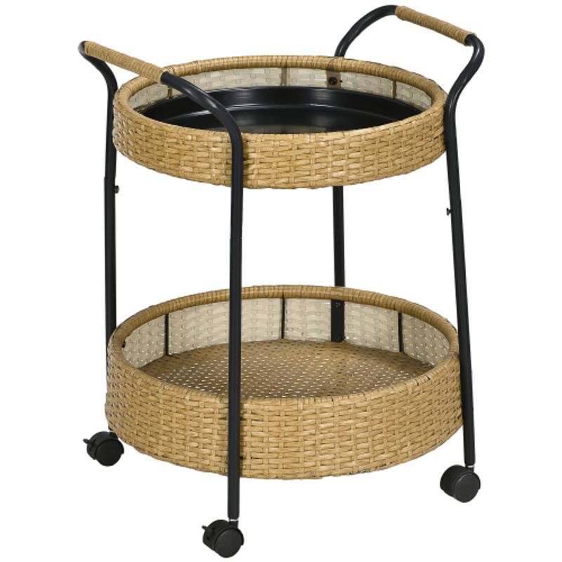 Outsunny Servierwagen, Φ50 X 66 Cm, Carro De Ratán Mit 2 Regalen, Gartenrollwagen, Runde Küchenwagen Mit Griffen, Outdoor Barwagen, Natur_voghion.com
