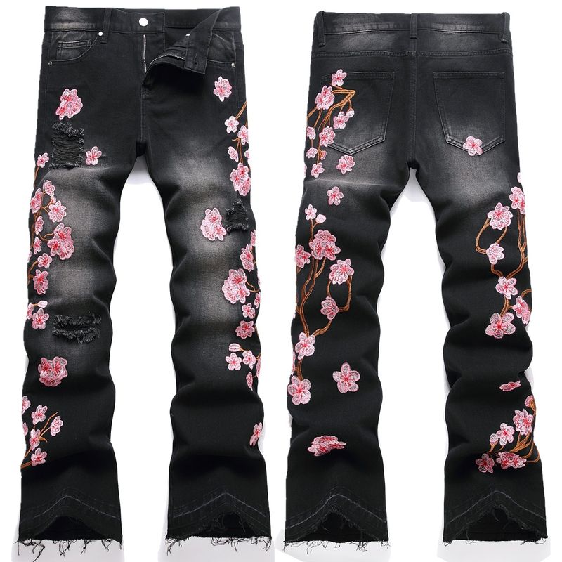 Vaqueros acampanados para hombre con bordado de flor de ciruelo - Estilo urbano vintage lavado (tallas 28-42)_voghion.com