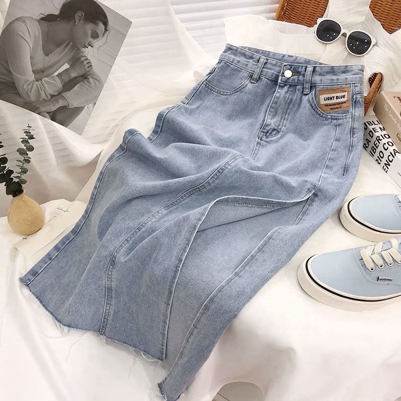 High waisted and small denim A-line half for women in the summer of 2024, new internet famous slimming slit wrapped_voghion.com