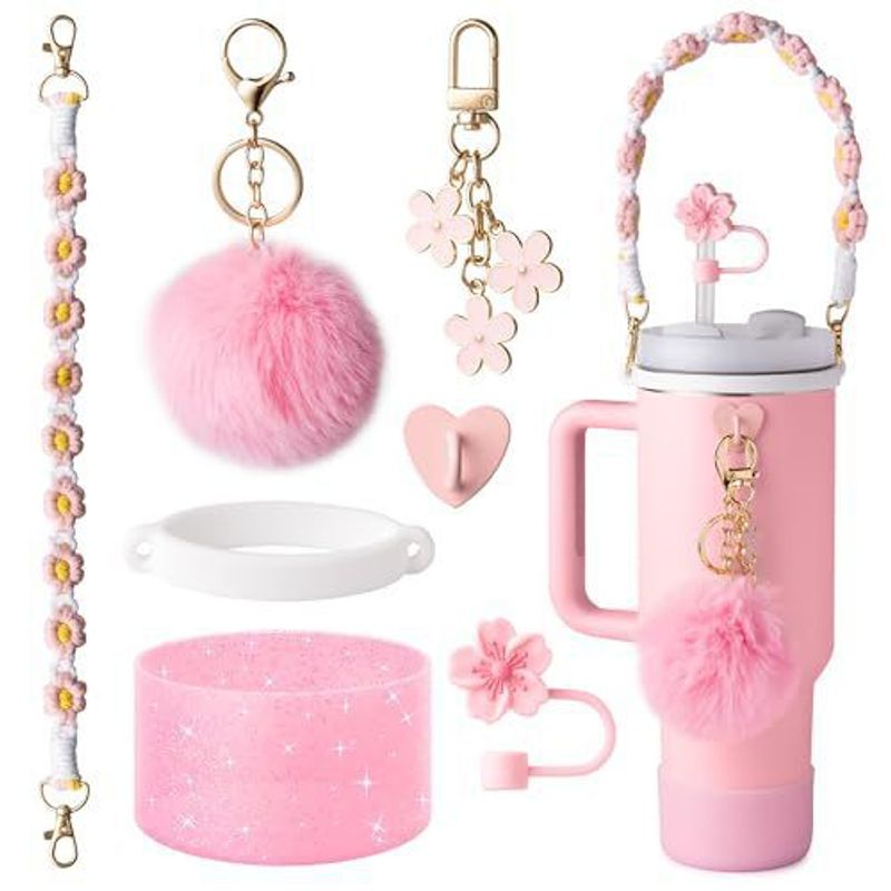 Juego de portavasos con forma de flor, cuerda para taza, sombrero de paja, tapón antipolvo, bola de peluche, llavero con cordón y brillantina_voghion.com