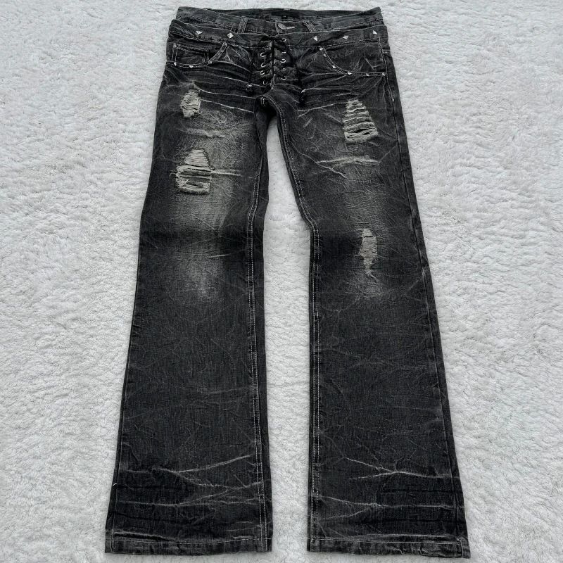 Men's Clothing Gothic Retro Flared Washed Distressed Double Waist Denim Trousers_voghion.com